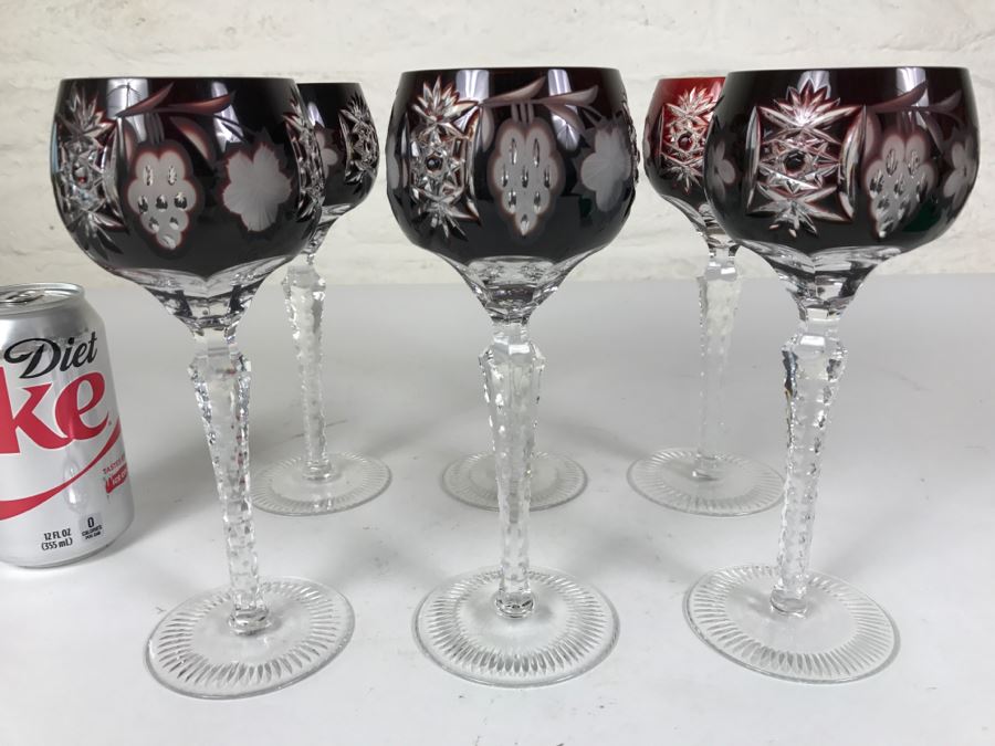 Set Of 6 Burgundy Cut Crystal Glasses Stemware [Photo 2]