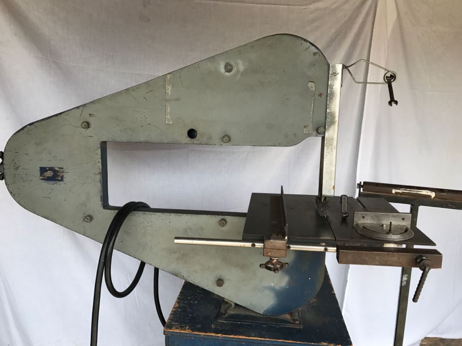 Custom Band Saw With Attachments And Two Adjustable Steel Roller Stands - Band Saw Cabinet Has Casters [Photo 2]