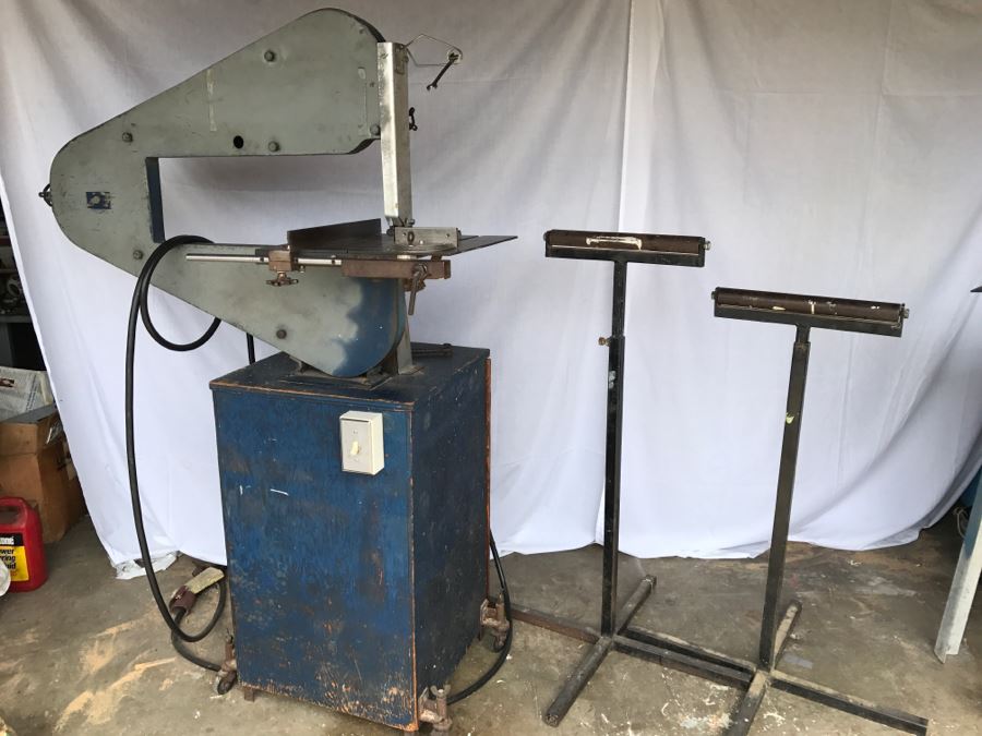 Custom Band Saw With Attachments And Two Adjustable Steel Roller Stands - Band Saw Cabinet Has Casters [Photo 1]