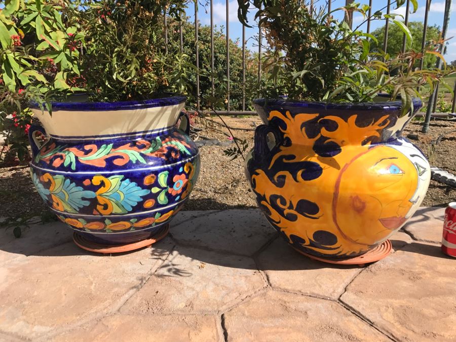 Pair Of Large Hand Painted Pots With Flowers [Photo 3]