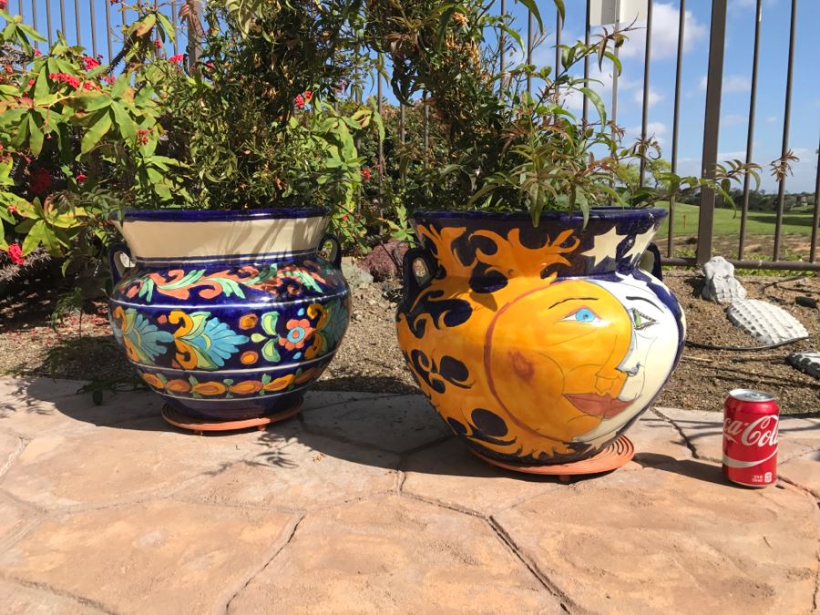 Pair Of Large Hand Painted Pots With Flowers