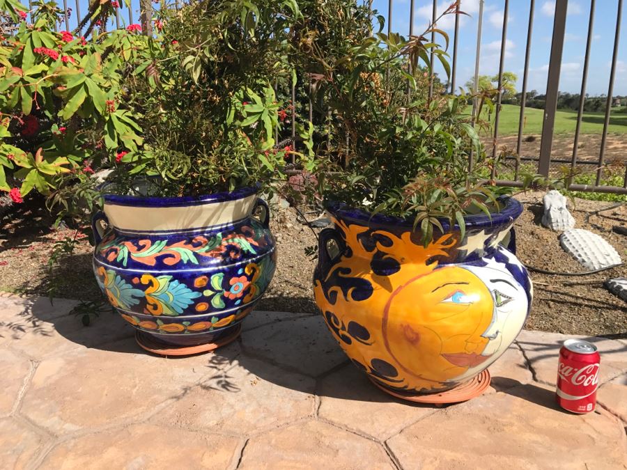 Pair Of Large Hand Painted Pots With Flowers [Photo 2]
