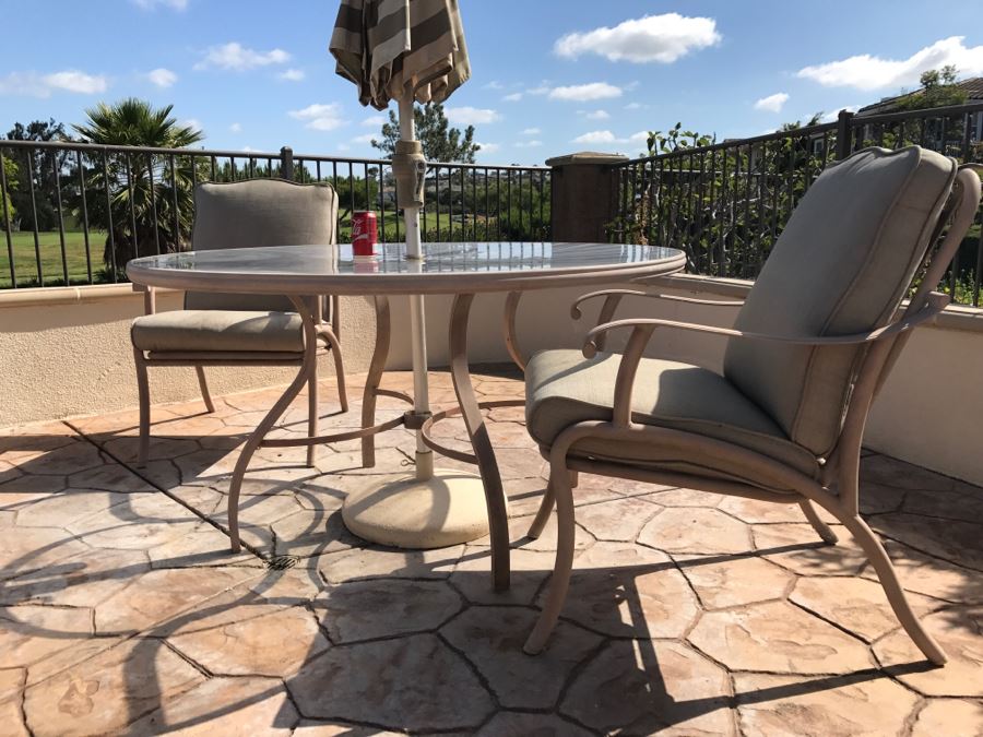 Aluminum Outdoor Patio Set With Round Table With Umbrella And Two Chairs By Mallin Furniture Co