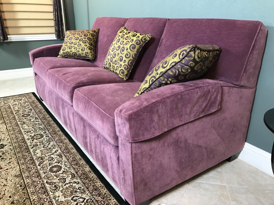 Nice ETHAN ALLEN Light Purple Sofa Couch With 3 Throw Pillows [Photo 3]