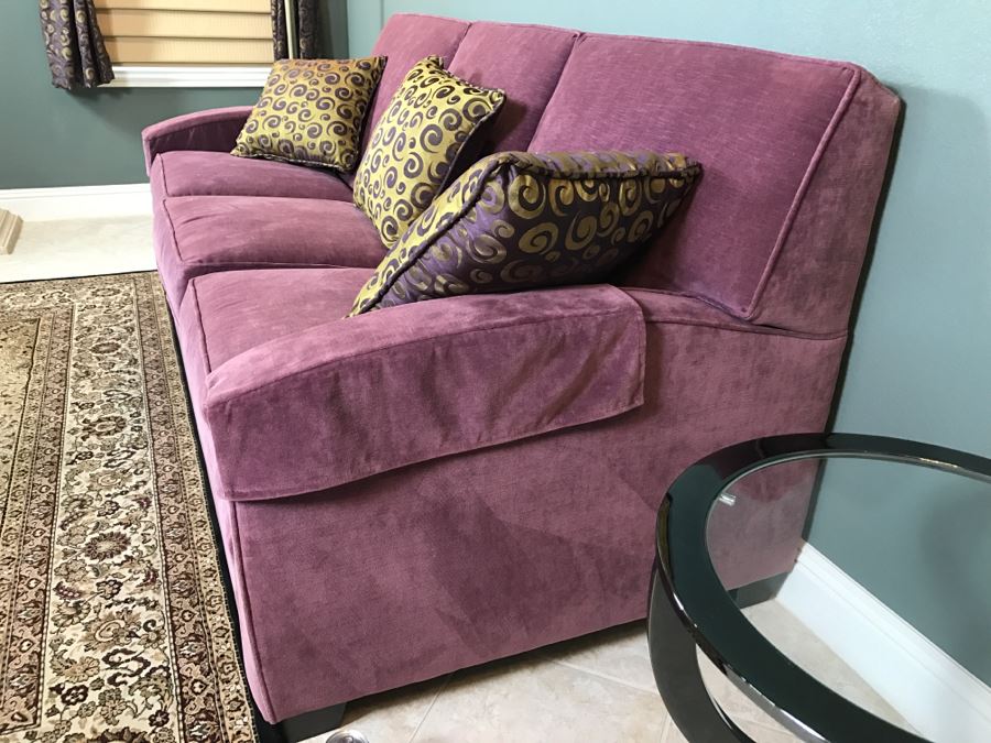 Nice ETHAN ALLEN Light Purple Sofa Couch With 3 Throw Pillows [Photo 4]