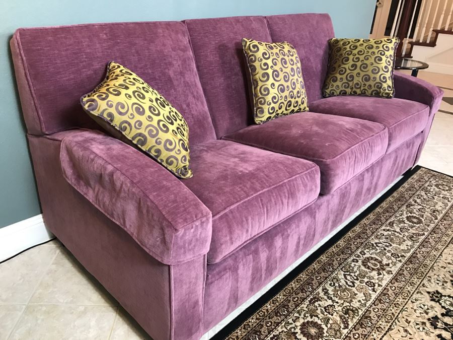 Nice ETHAN ALLEN Light Purple Sofa Couch With 3 Throw Pillows [Photo 5]