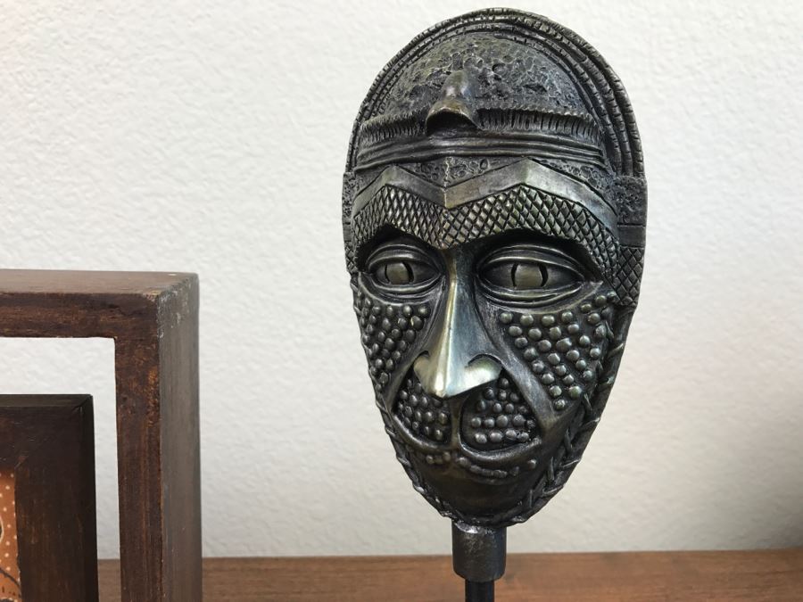 Pair Of Decorative Masks On Stands And Framed Fabric Art Piece