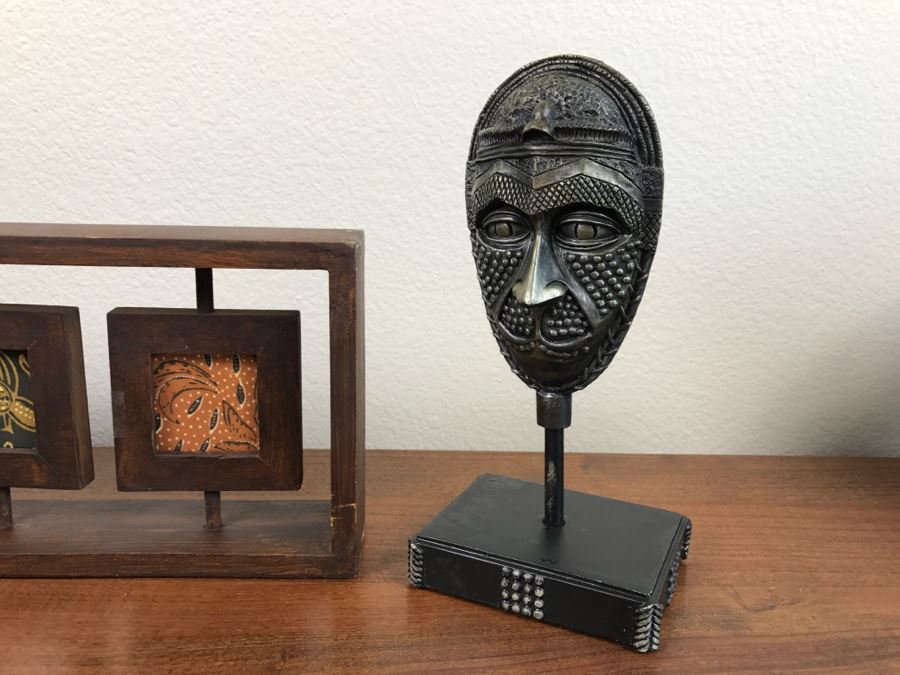 Pair Of Decorative Masks On Stands And Framed Fabric Art Piece [Photo 8]