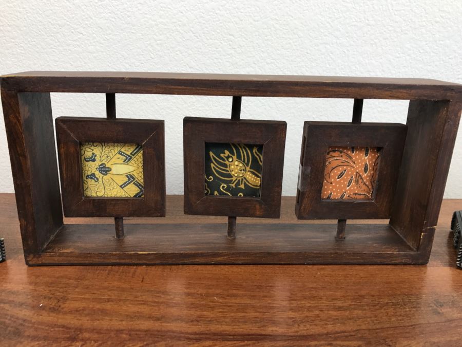 Pair Of Decorative Masks On Stands And Framed Fabric Art Piece [Photo 2]