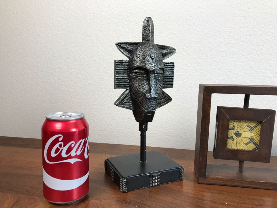 Pair Of Decorative Masks On Stands And Framed Fabric Art Piece [Photo 6]