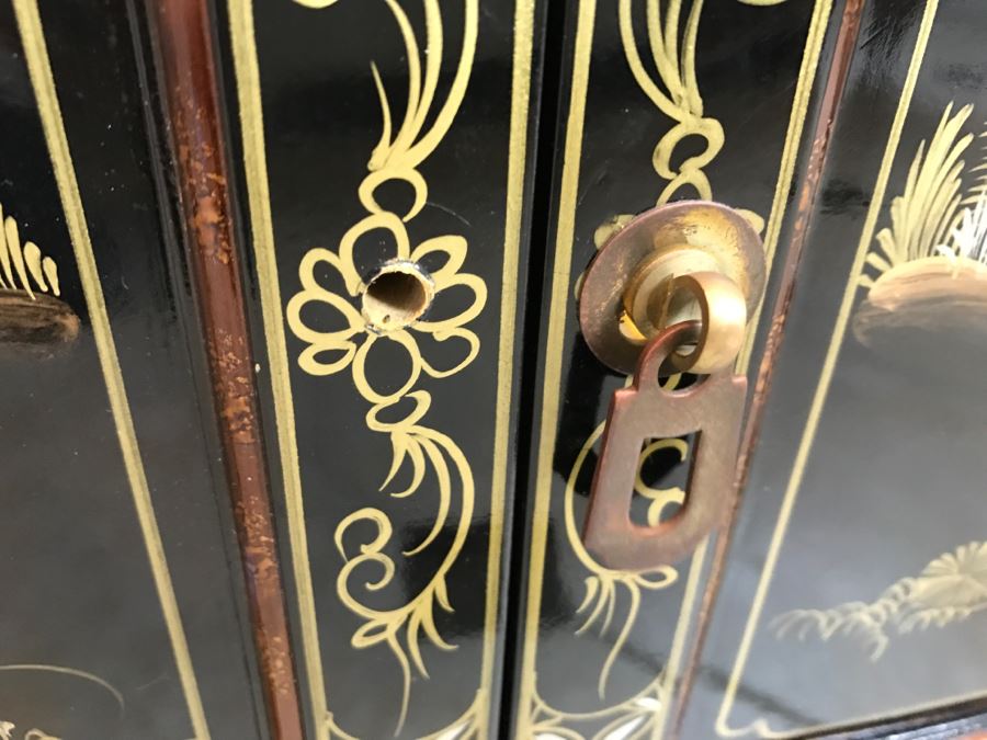 Black Chinoiserie Cabinet Table With Drawer And Stone Carved Figures Throughout - Missing One Pull [Photo 5]