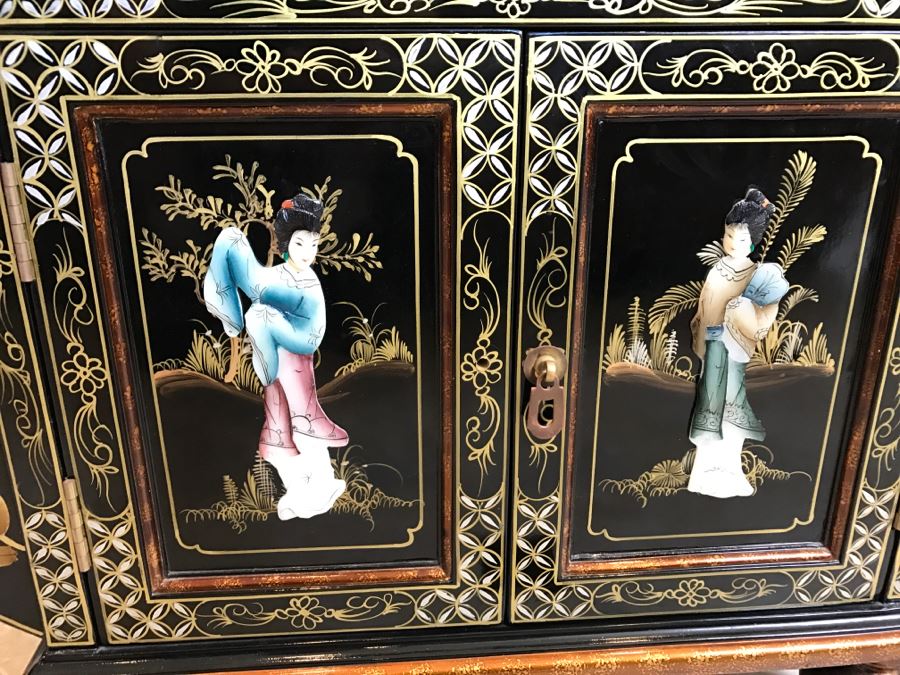 Black Chinoiserie Cabinet Table With Drawer And Stone Carved Figures Throughout - Missing One Pull [Photo 4]