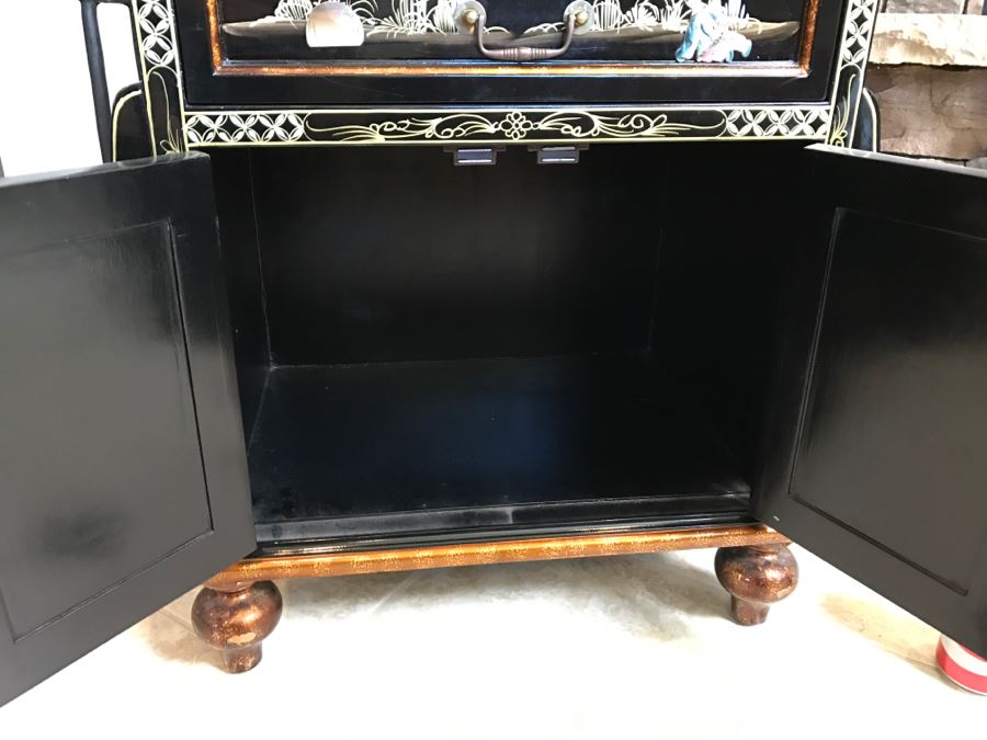 Black Chinoiserie Cabinet Table With Drawer And Stone Carved Figures Throughout - Missing One Pull [Photo 6]