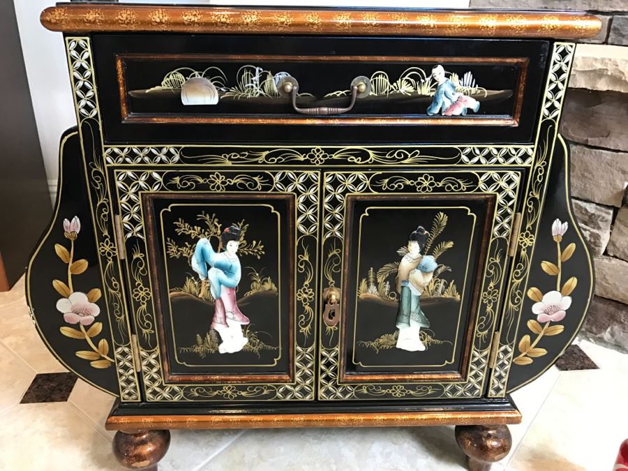 Black Chinoiserie Cabinet Table With Drawer And Stone Carved Figures Throughout - Missing One Pull [Photo 2]