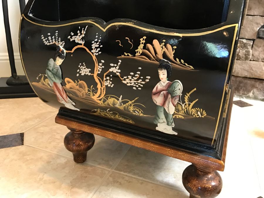 Black Chinoiserie Cabinet Table With Drawer And Stone Carved Figures Throughout - Missing One Pull [Photo 8]