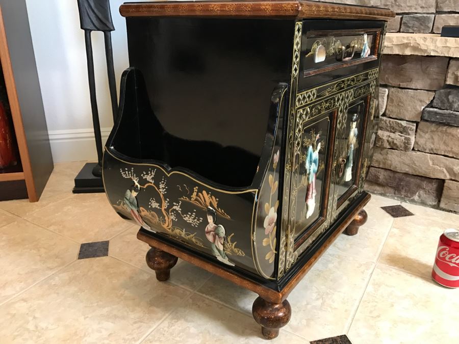 Black Chinoiserie Cabinet Table With Drawer And Stone Carved Figures Throughout - Missing One Pull [Photo 7]