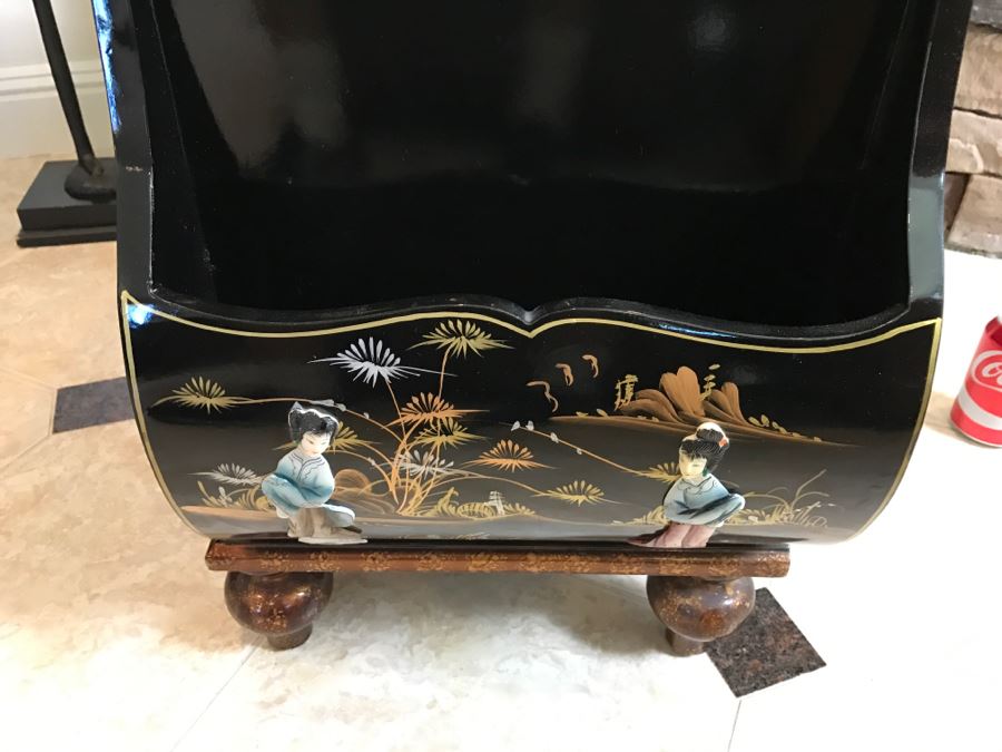 Black Chinoiserie Cabinet Table With Drawer And Stone Carved Figures Throughout - Missing One Pull [Photo 11]