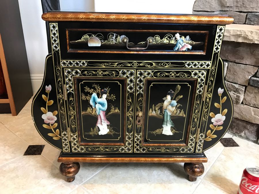 Black Chinoiserie Cabinet Table With Drawer And Stone Carved Figures Throughout - Missing One Pull [Photo 1]