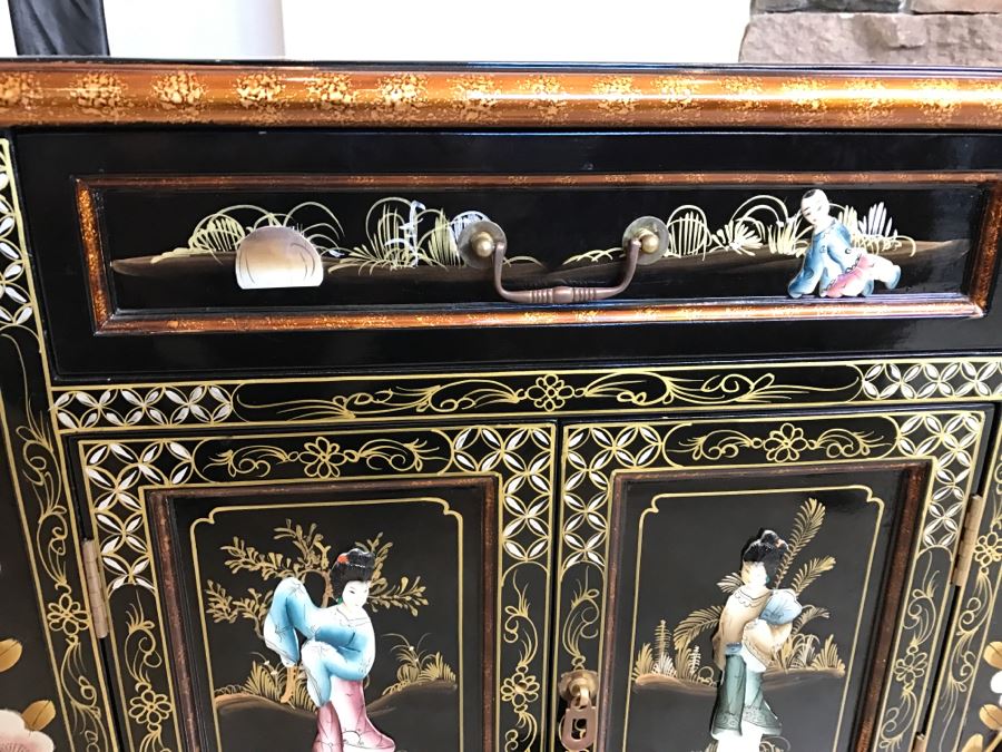 Black Chinoiserie Cabinet Table With Drawer And Stone Carved Figures Throughout - Missing One Pull [Photo 3]
