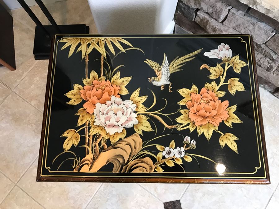 Black Chinoiserie Cabinet Table With Drawer And Stone Carved Figures Throughout - Missing One Pull [Photo 12]