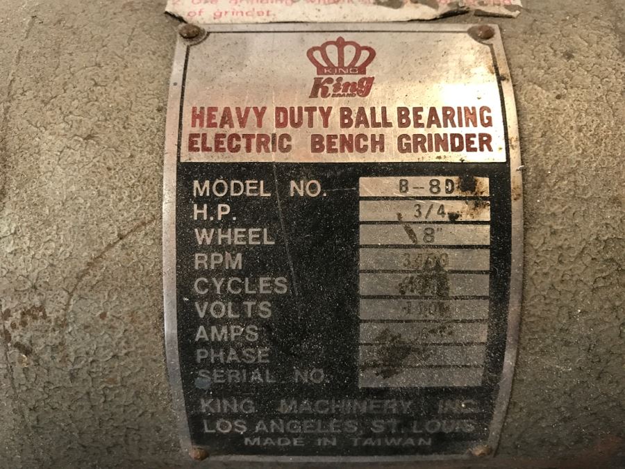 Heavy Duty Ball Bearing Electric Bench Grinder With Stand By KING Brand Model No B-8D 3/4 H.P. 8' Wheel [Photo 4]