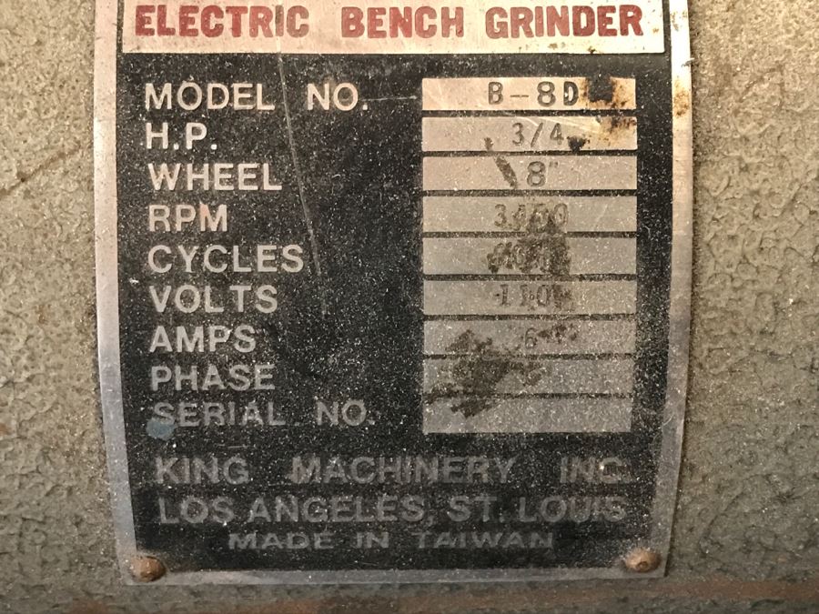 Heavy Duty Ball Bearing Electric Bench Grinder With Stand By KING Brand Model No B-8D 3/4 H.P. 8' Wheel [Photo 6]