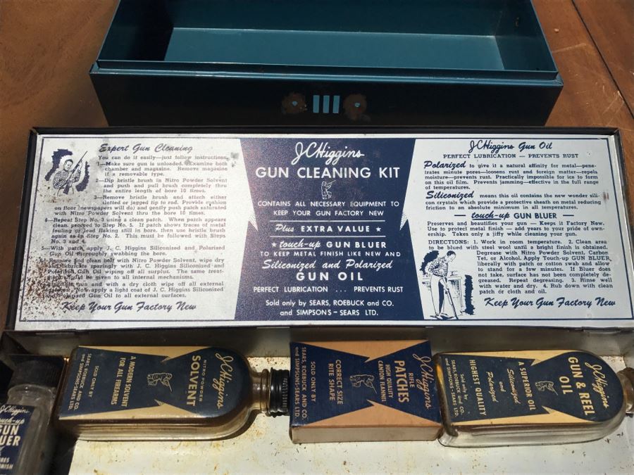 J C Higgins Gun Cleaning Kit Box With Bottles And Blue Metal Box