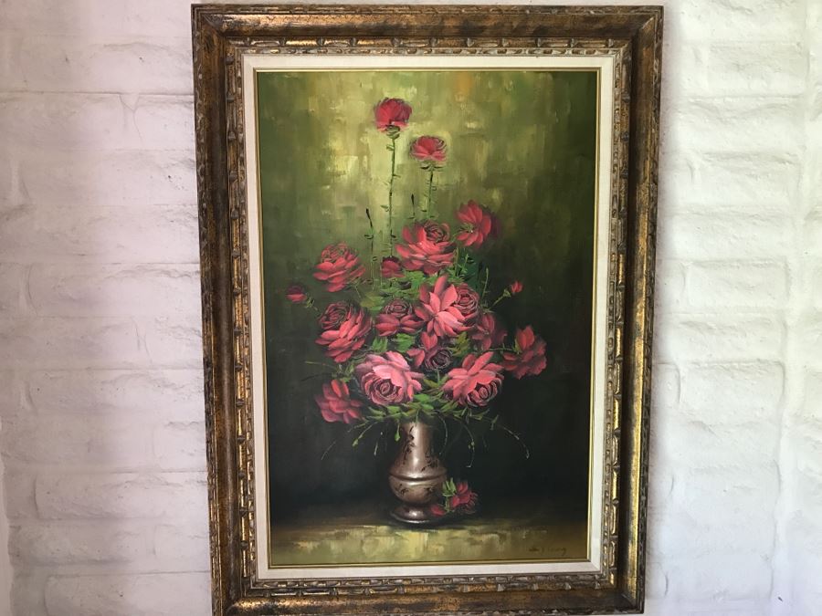 Original Oil Painting Of Roses In Vase Hand Signed Lower Right In Gold Frame [Photo 2]