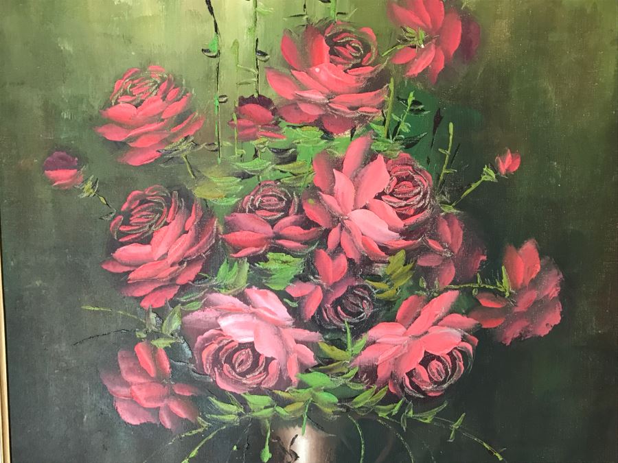 Original Oil Painting Of Roses In Vase Hand Signed Lower Right In Gold Frame [Photo 6]