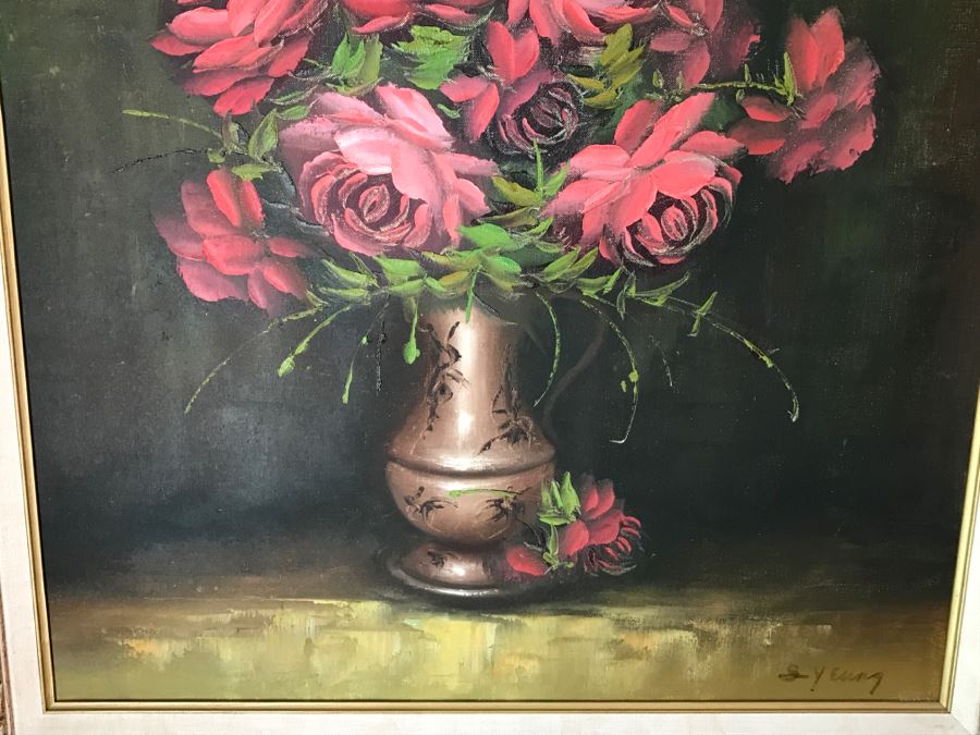 Original Oil Painting Of Roses In Vase Hand Signed Lower Right In Gold Frame [Photo 7]