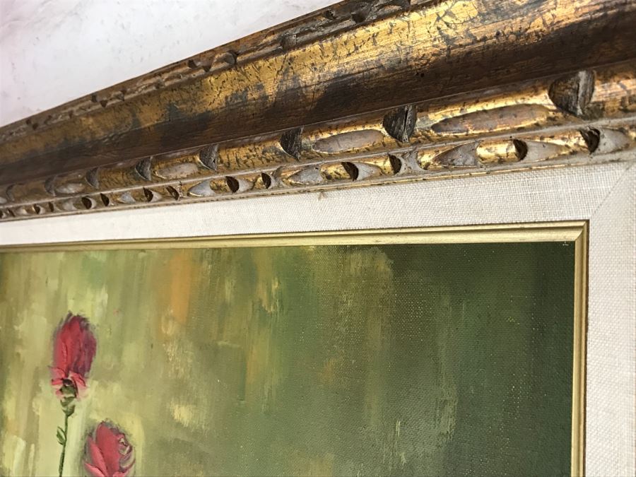 Original Oil Painting Of Roses In Vase Hand Signed Lower Right In Gold Frame [Photo 8]