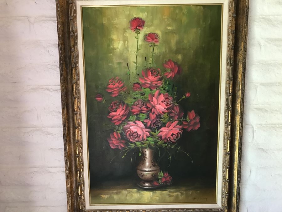 Original Oil Painting Of Roses In Vase Hand Signed Lower Right In Gold Frame [Photo 3]