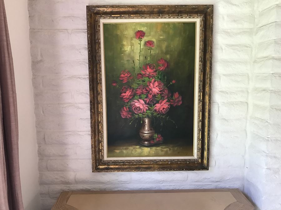 Original Oil Painting Of Roses In Vase Hand Signed Lower Right In Gold Frame [Photo 1]
