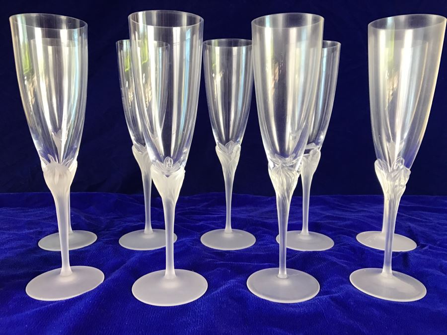 Set Of 9 Stemware Glasses With Floral Motif Stems [Photo 2]