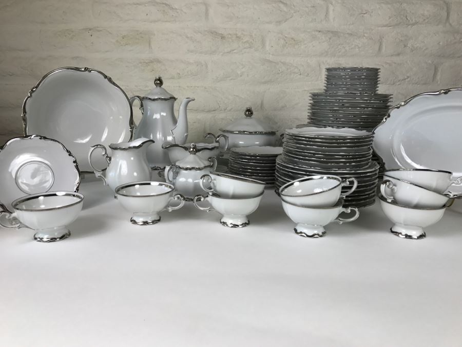 Classy China Set ~79 Pieces Mitterteich Bavaria 'Platinum Princess' Germany White With Silver Rim [Photo 11]
