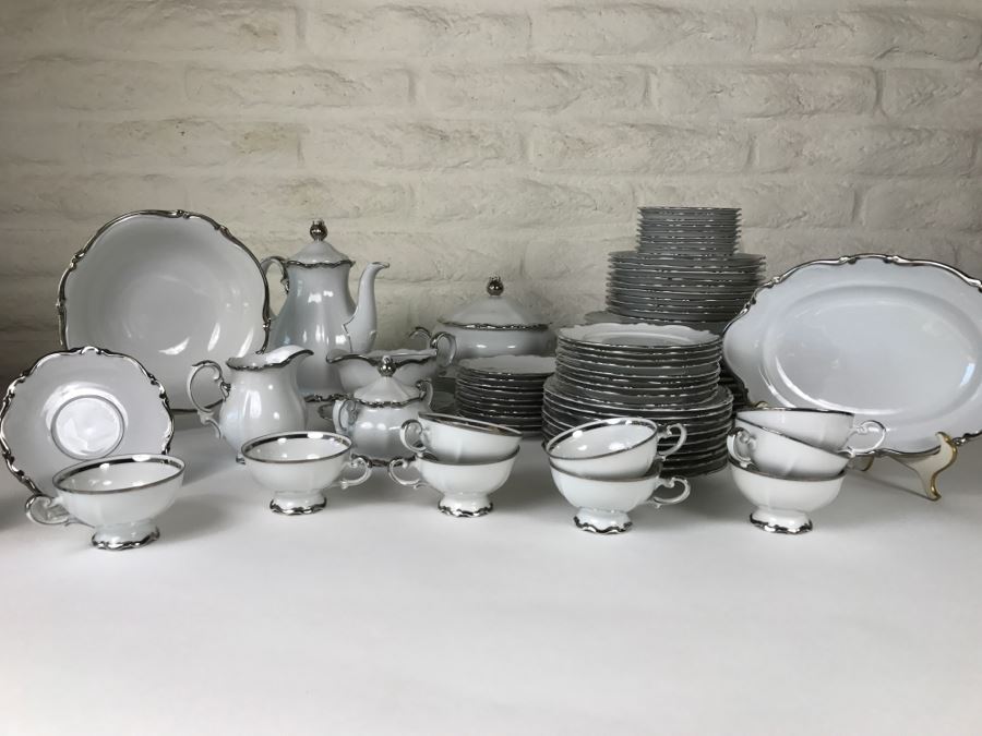Classy China Set ~79 Pieces Mitterteich Bavaria 'Platinum Princess' Germany White With Silver Rim [Photo 9]