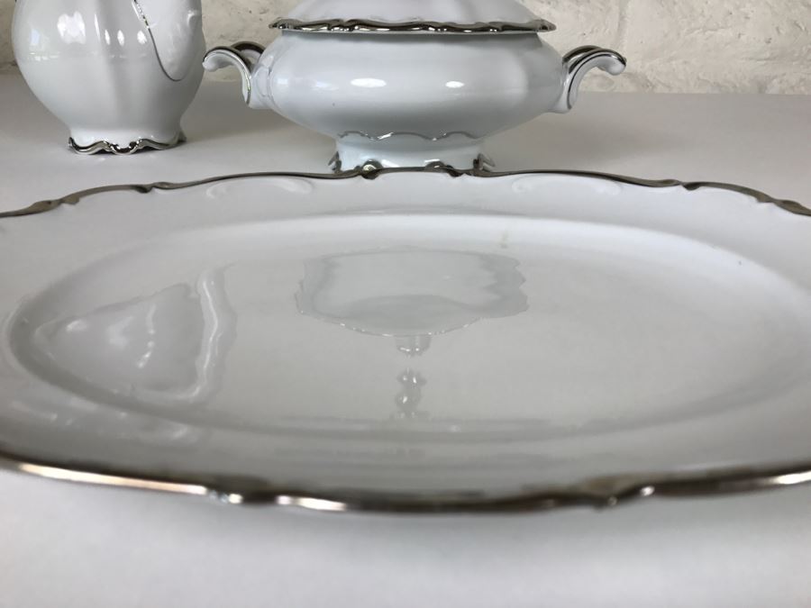 Classy China Set ~79 Pieces Mitterteich Bavaria 'Platinum Princess' Germany White With Silver Rim [Photo 34]