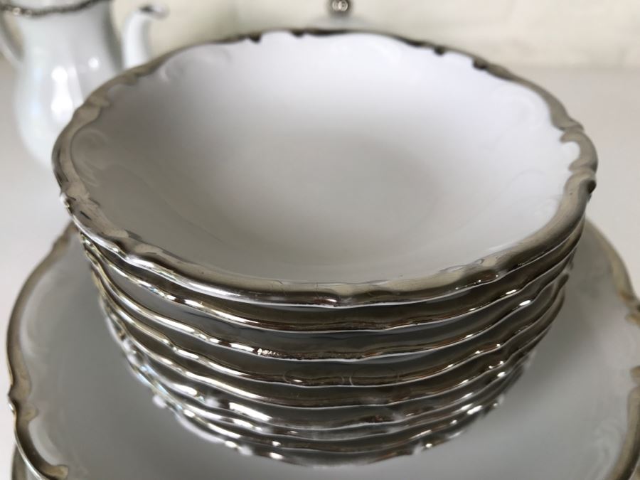 Classy China Set ~79 Pieces Mitterteich Bavaria 'Platinum Princess' Germany White With Silver Rim [Photo 29]