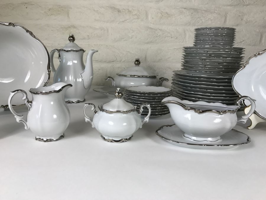Classy China Set ~79 Pieces Mitterteich Bavaria 'Platinum Princess' Germany White With Silver Rim [Photo 18]