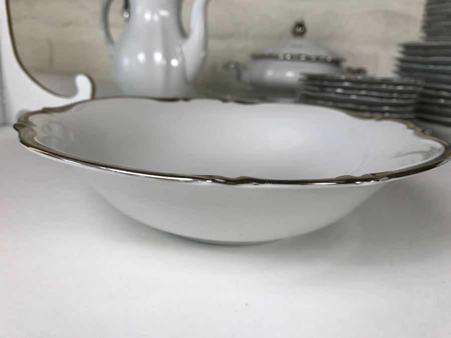 Classy China Set ~79 Pieces Mitterteich Bavaria 'Platinum Princess' Germany White With Silver Rim [Photo 23]