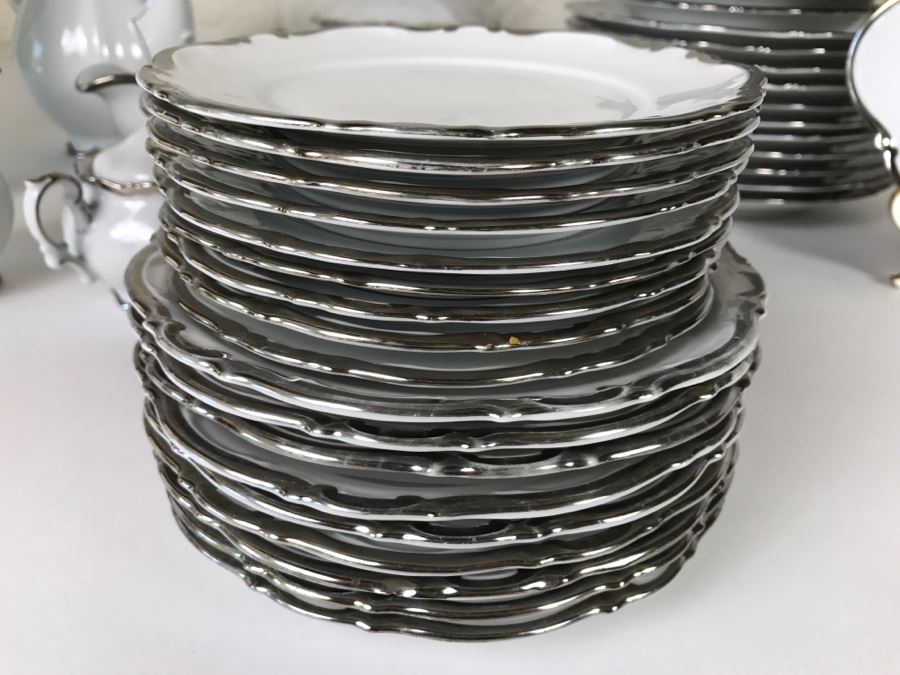 Classy China Set ~79 Pieces Mitterteich Bavaria 'Platinum Princess' Germany White With Silver Rim [Photo 12]