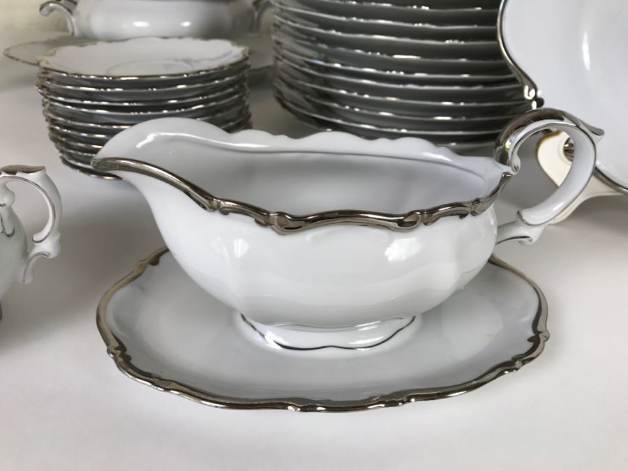 Classy China Set ~79 Pieces Mitterteich Bavaria 'Platinum Princess' Germany White With Silver Rim [Photo 20]