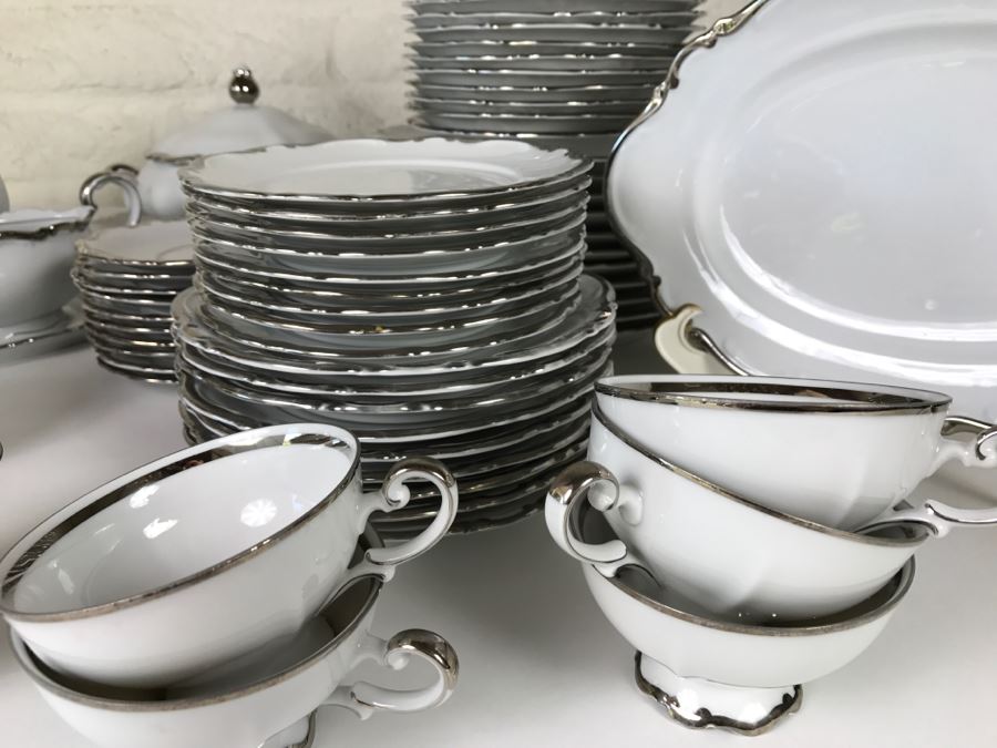 Classy China Set ~79 Pieces Mitterteich Bavaria 'Platinum Princess' Germany White With Silver Rim [Photo 3]