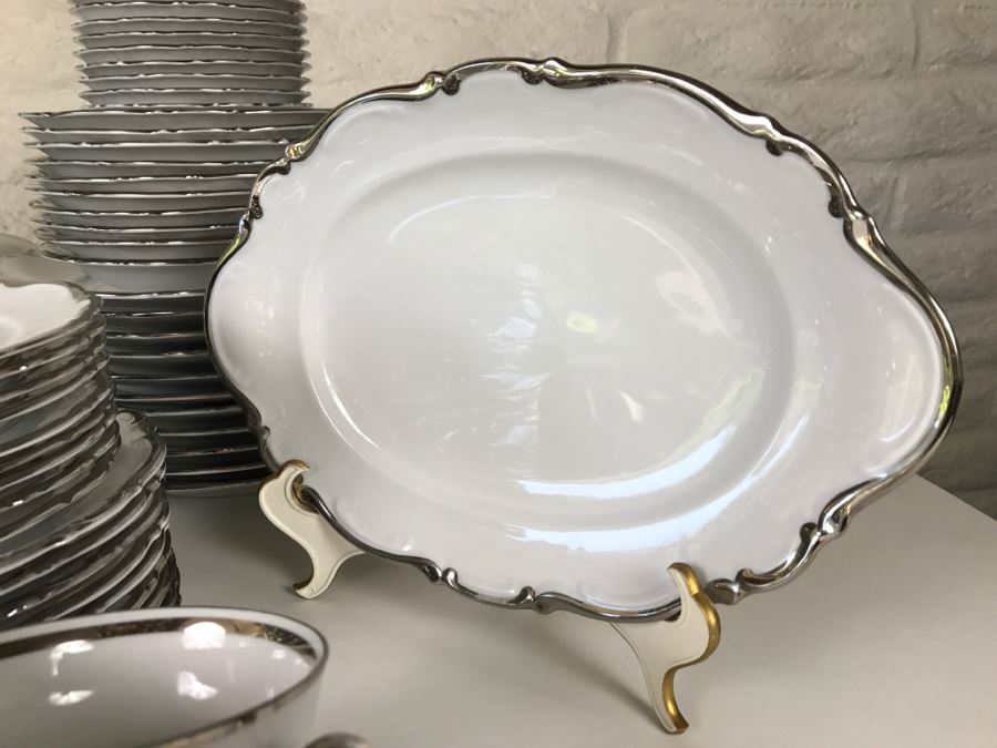 Classy China Set ~79 Pieces Mitterteich Bavaria 'Platinum Princess' Germany White With Silver Rim [Photo 4]