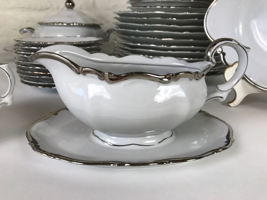 Classy China Set ~79 Pieces Mitterteich Bavaria 'Platinum Princess' Germany White With Silver Rim [Photo 19]
