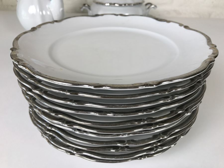 Classy China Set ~79 Pieces Mitterteich Bavaria 'Platinum Princess' Germany White With Silver Rim [Photo 31]