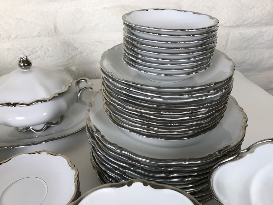 Classy China Set ~79 Pieces Mitterteich Bavaria 'Platinum Princess' Germany White With Silver Rim [Photo 6]
