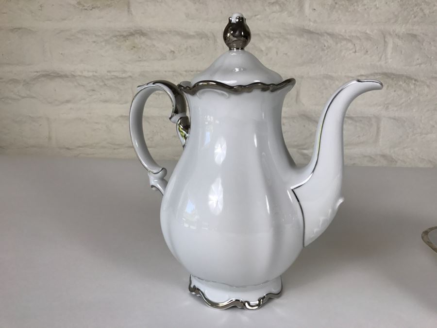 Classy China Set ~79 Pieces Mitterteich Bavaria 'Platinum Princess' Germany White With Silver Rim [Photo 38]