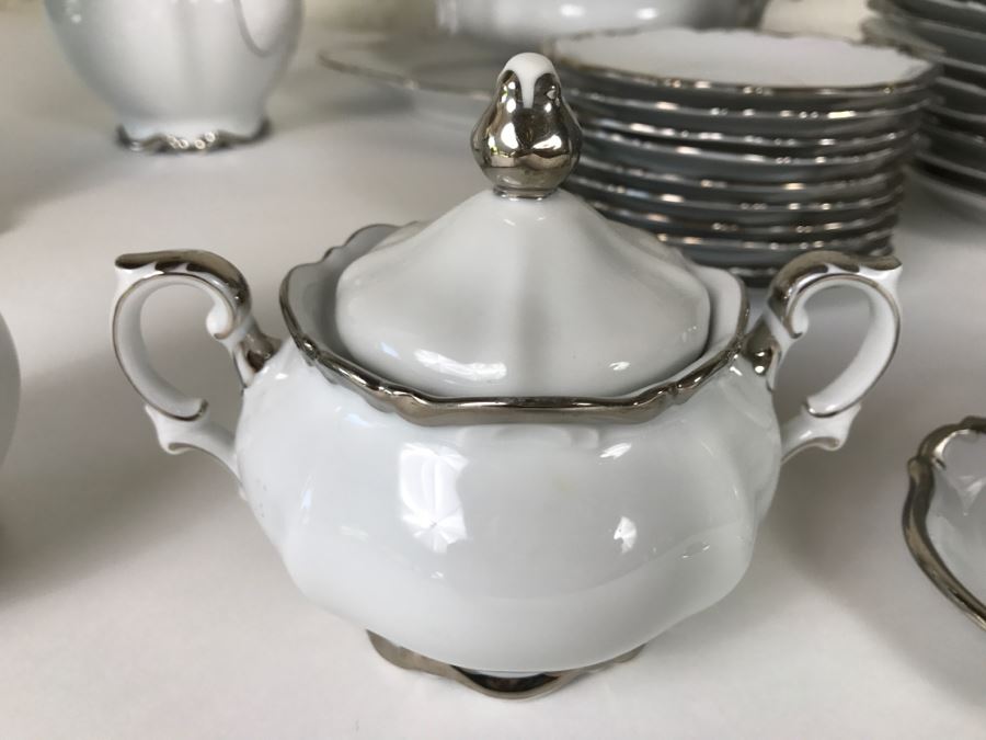 Classy China Set ~79 Pieces Mitterteich Bavaria 'Platinum Princess' Germany White With Silver Rim [Photo 21]