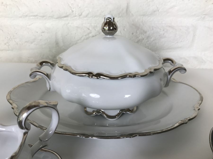 Classy China Set ~79 Pieces Mitterteich Bavaria 'Platinum Princess' Germany White With Silver Rim [Photo 5]